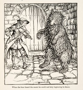 Kiedy niedźwiedź usłyszał muzykę, zaczął tańczyć, z Little Brother & Little Sister i Other Tales braci Grimm, wyd. 1917 (lito) autorstwa Arthur Rackham