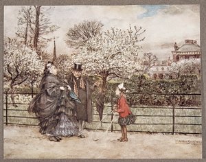 Kiedy w ogrodach spotykasz Dorosłych ludzi, którzy sapią i dmuchają, jakby myśleli, że są więksi niż są..., z Piotruś Pan w Kensington Gardens JM Barrie (1860 - 1937), wyd. 1906 (kolor autorstwa Arthur Rackham