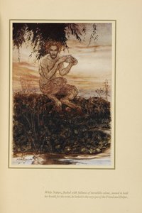 „Podczas gdy natura, zarumieniona pełnią niesamowitych kolorów, zdawała się wstrzymywać oddech przed wydarzeniem, on patrzył w oczy przyjaciela i pomocnika”. Pan, siedząc na brzegu rzeki. autorstwa Arthur Rackham