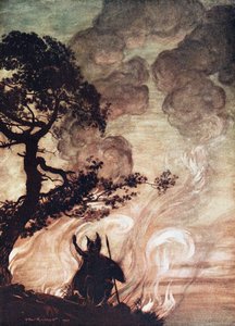 Wotan odwraca się i ze smutkiem spogląda na Brünnhilde. Ilustracja do Złota Renu i Walkirii