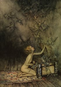 Młoda dziewczyna i jak nietoperz autorstwa Arthur Rackham