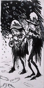 „Yule Logs, Snapdragon, Wassail, Waits and Holly”, ilustracja z „Old Friend Christmas”, autorstwa C.V. Godby (pióro i atrament z monochromatyczną akwarelą i kolorem ciała na papierze) autorstwa Arthur Rackham