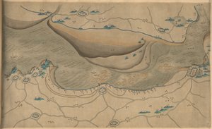 120 000. dostarczony. Zorientowany na północ do dołu. Relief pokazany obrazowo. Mapa obrazkowa. Zakup Hummela 1930, nr. 34. Pokazuje obszar wzdłuż rzeki Qiantang, zwłaszcza odcinek zatoki Hangzhou w prowincji Zhejiang. Dostępne również w Bibliotece ul