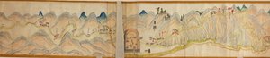 16 000. dostarczony. Zorientowany na północ w prawo. Relief pokazany obrazowo. Widok z lotu ptaka. Obejmuje rzekę Wei w Baoji Xian, Shanxi Sheng do Shu Dao na granicy Shanxi-Syczuan. Pokazuje osiedla, postoje, stacje, zajazdy, świątynie, przełęcze, walle