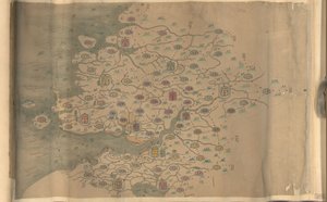 850.000. dostarczony. Zorientowany na północ do dołu. Relief pokazany obrazowo. Mapa obrazkowa. Pióro i atrament i akwarela. Pokazuje góry, wybrzeże, wyspy i drogi w prowincji Zhejiang. Zakup Hummela 1930, nr. 35. Dostępne również przez Librar
