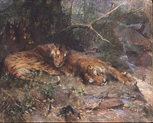 Tygrysy odpoczywają nad strumieniem autorstwa Arthur Wardle