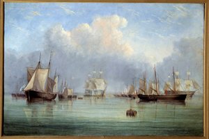 Zacumowane statki morskie i żaglówki. Obraz Arthura Wellingtona Fowlesa (1815-1883) XIX-wieczne Muzeum Sztuk Pięknych w Orleanie