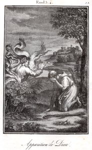 Biblia - Mojżesz i płonący krzew Bóg ukazuje się Mojżeszowi z płonącego krzewu. autorstwa Artist Unknown