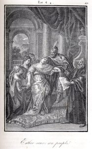Biblia, Estera ratuje swój lud, mówiąc Achaszweroszowi, że Haman planuje ją zabić (rycina) autorstwa Artist Unknown