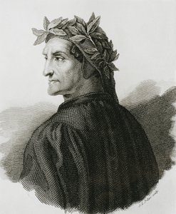 DANTE ALIGHIERI (1265-1321). Włoski poeta; Rafael (1483-1520). Reprodukcja fresku Rafaela. Rycina. autorstwa Artist Unknown