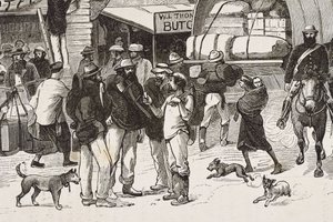 Anglia (XIX w.). Kolonizacja (1880). Życie poszukiwaczy złota w Australii. Angielska kolonia Botany Bay (założona w 1788 r.), początkowo zamieszkana głównie przez przestępców, którzy stali się poszukiwaczami i handlarzami. Rycina. Kolekcja prywatna autorstwa Artist Unknown