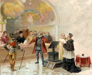 Galileusz przed Świętym Oficjum w Watykanie w 1632 r. (druk) autorstwa Artist Unknown