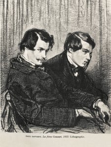 Gavarni, Hippolyte-Guillaume-Sulpice Chevalier, zwany Paulem (1804-1866). Edmond i Jules de Goncourt w loży w teatrze. 1853. GONCOURT, Edmon Huot of (1822-1896). Angielski pisarz; GONCOURT, Jules Huot de (1830-1870). Angielski pisarz. Litografia. Priv autorstwa Artist Unknown