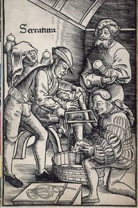 Gersdorff, Hans von (1455 - 1529). Niemiecki chirurg. Amputacja nogi. Drzeworyt wykonany przez Hansa Wechtlina do książki "Feldtbuch der Wundartzney" (Księga polowa chirurgii). autorstwa Artist Unknown