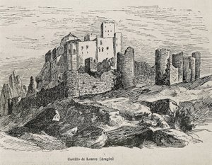 Loarre. Romański zamek. Rycina. HISZPANIA. ARAGON. Saragossa. Akademia Wojskowa autorstwa Artist Unknown