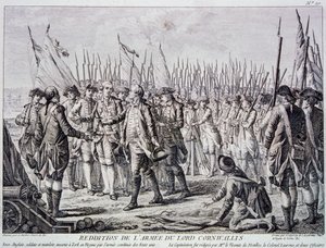 Lord Corwallis poddaje brytyjską armię pod Yorktown (rycina) autorstwa Artist Unknown