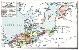 Mapa zasięgu Ligi Hanzeatyckiej w około 1400 r. (druk) autorstwa Artist Unknown