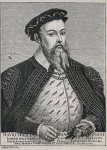 Maurycy Saski (1521-1553). Książę (1541-47) i późniejszy elektor (1547-53) Saksonii. Protestant od 1539 roku. Portret na podstawie obrazu Lucasa Cranacha. Rycina autorstwa Artist Unknown