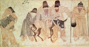 Mongolscy nomadzi z osłem (pergamin) autorstwa Artist Unknown