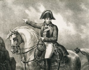 NAPOLEON I Bonaparte (1769-1821). Francuski wojskowy i polityk, cesarz Francji (1804-1815). Szczegół konnego portretu Napoleona, inspirowany oryginalnym portretem Josepha Chaborda. Rycina autorstwa Artist Unknown