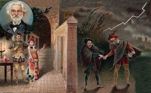 Rigoletto zatrudnia Sparafucile do zamordowania księcia - akt 3 scena 4 z opery Rigoletto Giuseppe Verdiego autorstwa Artist Unknown