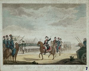 Rosyjski obóz we Włoszech w 1799 r., dowodzony przez księcia i feldmarszałka Aleksandra Suworowa (kolorowy wydruk) autorstwa Artist Unknown
