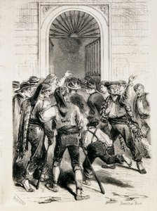 Hiszpania (1873). Proklamacja Pierwszej Republiki i szturm na ratusz w Barcelonie (11 lutego 1873). Akwaforta. autorstwa Artist Unknown