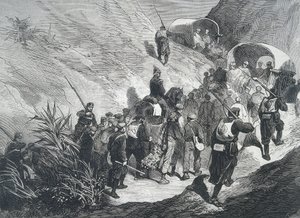 Hiszpania. Trzecia wojna karlistów. Więźniowie karlistów idący przez góry w Emporda (Katalonia). Rycina. autorstwa Artist Unknown