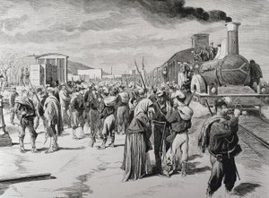 Hiszpania. Trzecia wojna karlistów. Wyjazd batalionu wolnego korpusu przeciwko karlistom z Barcelony. Zdjęcie z "La Ilustracion espanola y americana" (8 kwietnia 1873). Rycina autorstwa Artist Unknown