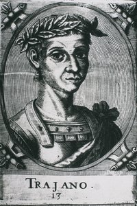 TRAJAN, Marek Ulpiusz Trajan (53-117). Portret Trajana z laurem. Szczegół oryginalnej ryciny. Rycina. autorstwa Artist Unknown