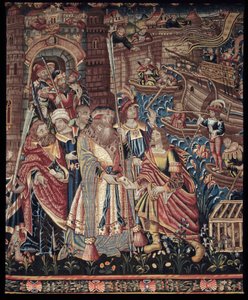 Portugalski nawigator Vasco de Gama (1459-1524) przybył do Calicut w Indiach w 1498 r., detal, gobelin autorstwa Artist Unknown