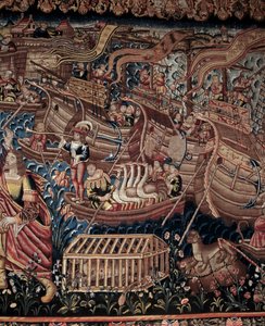 Portugalski nawigator Vasco de Gama (1459-1524) przybył do Calicut w Indiach w 1498 r., detal, gobelin autorstwa Artist Unknown