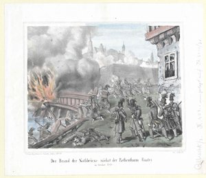 Pożar Nothbruecke w pobliżu bastionu Rothenthurm w październiku 1848 r. autorstwa Artist Unknown