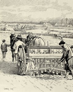 ZJEDNOCZONE KRÓLESTWO. ANGLIA. Rewolucja przemysłowa. Maszyna wiertnicza wynaleziona przez Jethro Tulla. Siew jęczmienia w lutym. Rysunek Gunninga Kinga opublikowany w "The Illustrated London News". Rycina.