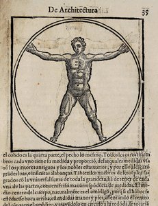 VITRUVIUS, Marcus Vitrubius Pollio (1 wiek p.n.e.). "De Architectura" (O architekturze), z tłumaczeniem na hiszpański autorstwa Miguela de Urrea. Wydane w Alcala de Henares przez Juana Graciana (1582). Ilustracja na stronie 35 z kanonem ludzkiego ciała. Ks