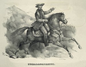 ZUMALACARREGUI, Tomas (1788-1835). Generał karlistów. Hiszpania. Pierwsza wojna karlistów. Zumalacarregui na koniu. Rycina. autorstwa Artist Unknown