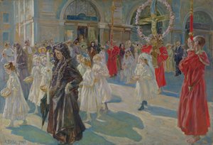 Procesja Bożego Ciała na Piazza Grande w Trieście, 1908 r. autorstwa Arturo Fittke