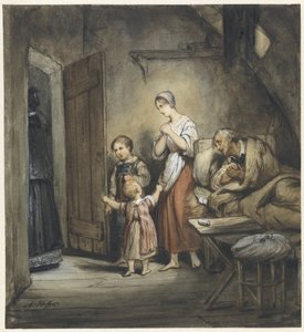 Chory mężczyzna w łóżku z żoną i dwójką dzieci obok niego autorstwa Ary Scheffer