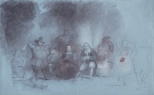 Taniec na baterii, ok. 1838 (węgiel zaakcentowany brązową i białą kredą na niebiesko-szarym papierze) autorstwa Asher Brown Durand