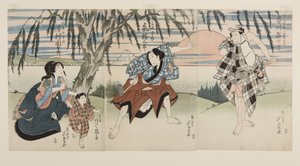 Aktorzy Ichikawa Ebij? R? I jako Ukisu no Iwamatsu (R), Arashi Kitsusabur? II jako Farmer (Hyakush?) J? Saku (C), Arashi Kitsuz? jako J? Kichi i Sawamura Kunitar? II jako J? Saku? Żona (Ny? B?) Okinu (L) (kolorowy drzeworyt) autorstwa Ashiyuki Gigado