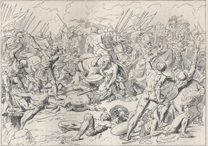 Wojna peloponeska: bitwa pod Potidee (La battaglia di Potidea), w której grecki filozof Sokrates uratował mu życie w Alcibiade. (Grawerowanie d