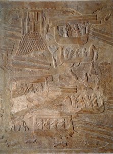 Art Mezopotamia (Asyria): dziedziniec pałacu króla Asyrii Sargona II (721 - 705 pne) transport drewna cedrowego z Libanu. Paryż, Musee du Louvre autorstwa Assyrian