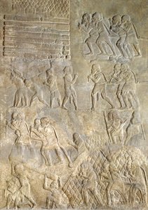 Relief przedstawiający tragarzy przywożących drewno na wybrzeże do transportu morskiego. z Pałacu Sargona II, Chorsabad, Irak