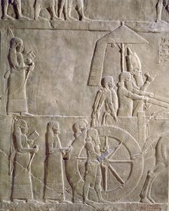 Relief przedstawiający rydwan króla Assurbanipala i więźniów elamickich, epizody rzezi elamickiej, z pałacu Assurbanipala w Niniwie, ok. 645 p.n.e. (alabaster gipsowy)