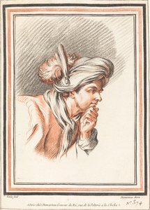 Głowa mężczyzny noszącego turban z pióropuszem autorstwa Atelier of Gilles Demarteau the Elder after Carle Van Loo