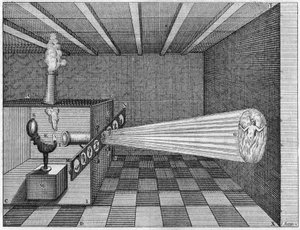 Camera obscura (Latarnia magiczna) wyświetla obraz mężczyzny płonącego w piekle - (Latarnia magiczna. Latarnia magiczna Ojca Kirchera. Wczesny rzutnik do slajdów) W „”Ars Magna Lucis Et Umbrae”” Athanasiusa Kirchera