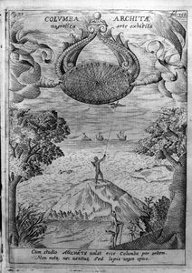 Archytas of Taranto (435-347 pne) leci drewnianą gołębicą. Rycina z „Mundus Subterraneus” Atanazego Kirchera (1601-1680), jezuity, orientalisty i uczonego. autorstwa Athanasius Kircher