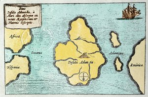 Mapa legendarnej wyspy Atlantyda - z Mundus Subterraneus Athanase Kircher (lub Athanasius Kircheri)