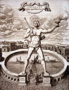 Kolos z Rodos (pomnik Heliosa) przy wejściu do portu. - w „Turris Babel” Athanasiusa Kirchera (1601-1680), niemieckiego orientalisty i uczonego
