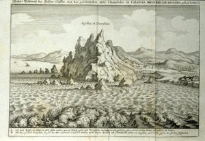 Widok skał „Charybda” i „Scylla” w Detroit w Mesynie na Sycylii”” Rycina z „Mundus Subterraneus” autorstwa Athanasius Kircher (1601-1680), jezuita, orientalista i uczony 1682 autorstwa Athanasius Kircher